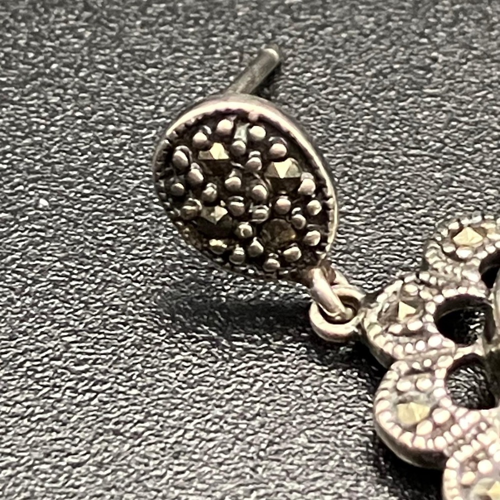 Sterling Silver Earrings Green Stone Marcasite Drop 1.125" - Picture 6 of 10